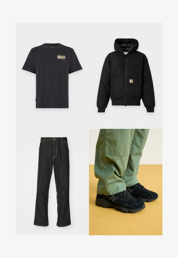Sort Carhartt hættetrøje med frontlynlås, kengurulomme, ribbede manchetter og logo-patch på lommen.; Sort bomulds-t-shirt med rund hals og korte ærmer, prydet med et guld grafiktryk på venstre bryst med teksten "ELEMENT X TIMBER".; Sorte denimjeans med løs pasform, der har kontrasterende hvid syning, en knaplukning og et lige ben-design.; Sorte New Balance sneakers med en struktureret overdel, der har et fremtrædende logo og en polstret sål, parret med løse grønne bukser.