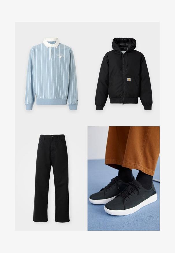 Must värvi Carhartt kapuutsiga jakk, millel on ees viis zipperit, känguru tasku, soonikkoes varrukad ja logo patch taskul.; Heledsinine pika varrukaga polo särk valgete triipudega, valge krae ja väikese Championi logoga rinnal. Valmistatud pehmest kangast.; Mustadest denimist püksid sirge lõikega, mis sisaldavad ees taskuid, lukufliisi ja ühte ülemist nööpi. Tekstureeritud kangas mati viimistlusega.; Mustad suede spordijalatsid valge kummitaldaga, millel on paeltega kinnitamine, tekstuuriga aktsendid ja tagasihoidlik bränding, koos pruuni pükstega.