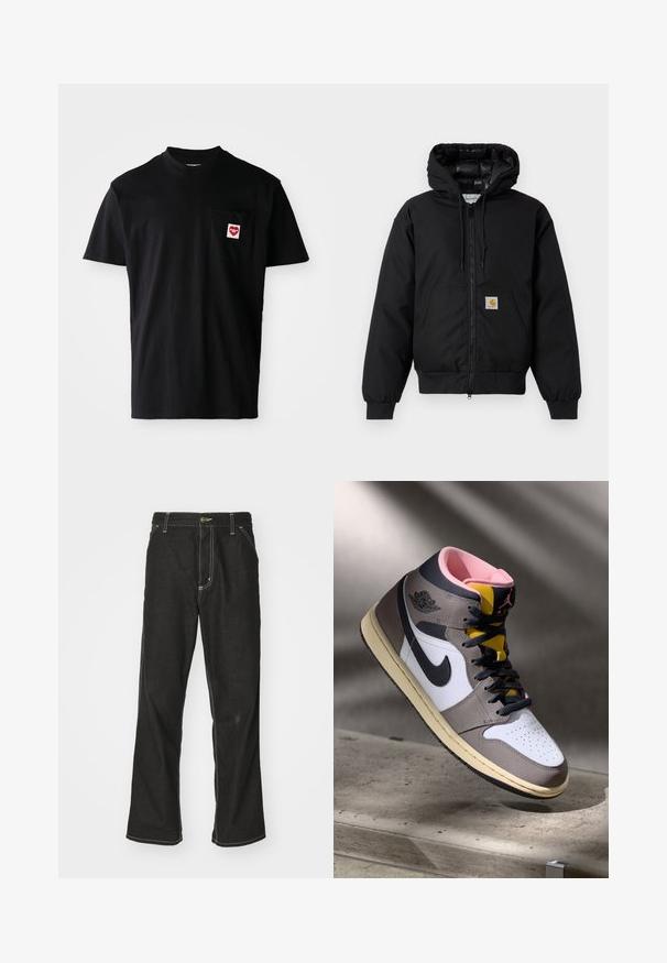 Mustaherra Carhartt-huppari, jossa on etuvetoketju, kengurupocket, ribbed-hihansuut ja logopatch taskussa.; Musta puuvillapaita, jossa on pyöreä kaula-aukko, lyhyet hihat ja vasemmassa rinnassa tasku, jossa on punainen sydänpumpuli valkoisella tekstillä.; Mustat farkut, joissa on löysä istuvuus, erottuva valkoinen ompelu, nappikiinnitys ja suora lahje.; Korkeavartiset Nike Air Jordan -lenkkarit valkoisena, harmaana ja mustana vaaleanpunaisella sisäosalla ja keltaisella kielillä, asetettuna betonipinnalle.