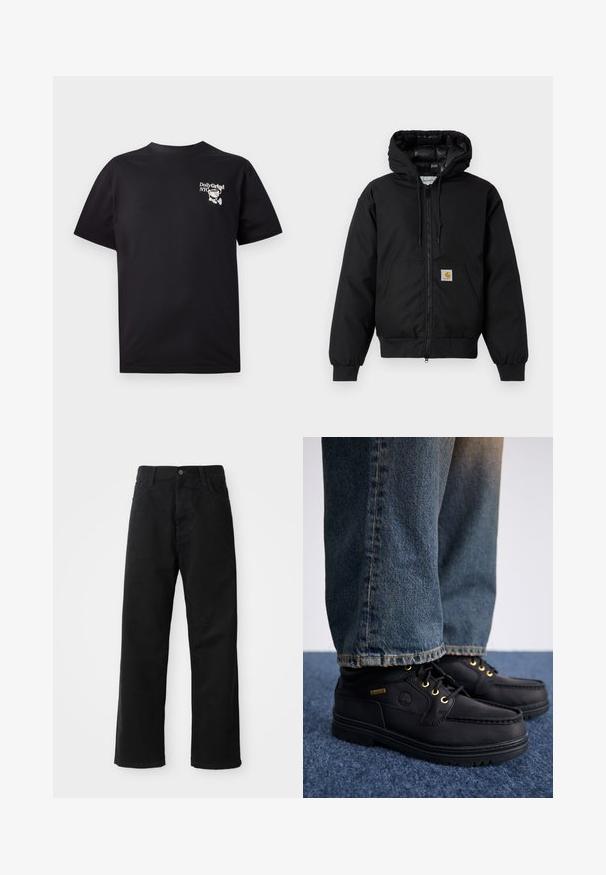 Black Carhartt hooded jacket with front zipper, kangaroo pocket, ribbed cuffs, and logo patch on pocket.; Black cotton t-shirt with short sleeves, crew neck, featuring a white graphic design on the left chest area.; Black denim pants with a straight cut, featuring front pockets, a zip fly, and a single top button. Textured fabric with a matte finish.; Black leather shoes with gold eyelets and a textured finish, paired with blue denim jeans. Shoes feature a layered sole and branding detail.