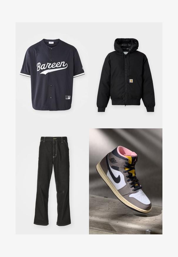 Černá bunda Carhartt s kapucí, předním zipem, klokaní kapsou, ribovanými manžetami a logem na kapse.; Černé síťované tričko s krátkým rukávem a zapínáním na cvoky, s bílým potiskem "Bareen", bílými akcentními pruhy na rukávech, viditelná štítek velikosti.; Černé denimové džíny s volným střihem, s kontrastním bílým prošíváním, zapínáním na knoflík a rovnými nohavicemi.; Bílé, šedé a černé vysoké tenisky Nike Air Jordan s růžovým interiérem a žlutým jazykem, umístěné na betonovém povrchu.