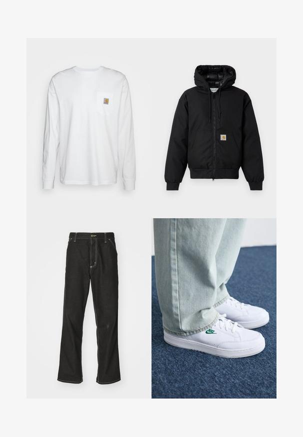 Black Carhartt hooded jacket with front zipper, kangaroo pocket, ribbed cuffs, and logo patch on pocket.; Long-sleeve white shirt made of cotton, featuring a chest pocket with a square logo patch. Simple design with rounded neckline and cuffed sleeves.; Black denim jeans with a loose fit, featuring contrasting white stitching, a button closure, and a straight leg design.; White leather sneakers with green Nike logo, round toe, flat sole, paired with light blue denim pants, shown on a blue carpet.