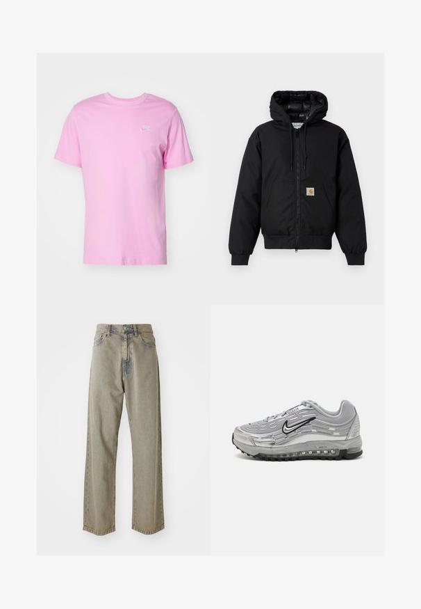 Casaco com capuz Carhartt preto, com fecho na frente, bolso tipo canguru, punhos canelados e patch do logo no bolso.; Nike Sportswear CLUB TEE - T-shirt básica - pink; Jeans de perna larga cinza claro feitos de denim, apresentando uma textura desgastada, costuras visíveis e fecho tradicional com botão e zíper.; Sapatilhas Nike Air Max cinzas com um upper em malha e sintético, design em forma de onda, acentos em preto e uma unidade de amortecimento de ar visível.