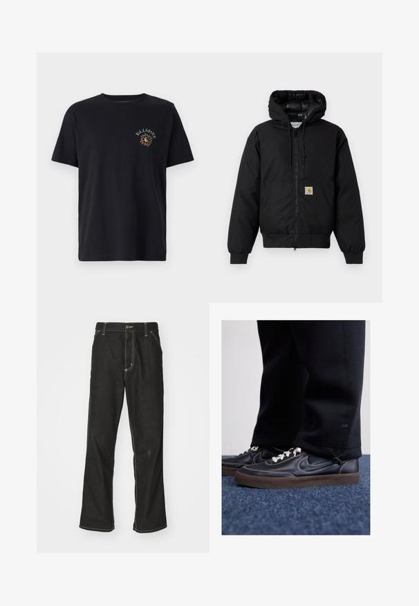 Black Carhartt hooded jacket with front zipper, kangaroo pocket, ribbed cuffs, and logo patch on pocket.; Black cotton t-shirt featuring a round neck, short sleeves, and a graphic design in green and gold on the left chest area.; Black denim jeans with a loose fit, featuring contrasting white stitching, a button closure, and a straight leg design.; Nike Sportswear KILLSHOT 2 LTR PRM OPP2 - Trainers - black sail baroque brown mtlc dk grey