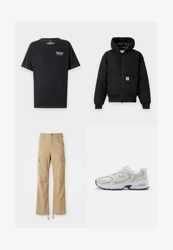 Čierna kapucňová bunda Carhartt s predným zipsom, klokannou vreckom, ribovanými manžetami a logo nášivkou na vrecku.; Čierne tričko vyrobené z bavlny, s okrúhlym výstrihom a krátkymi rukávmi, s bielym kontrastným šitím. Na prednej strane je nápis "VOLCOM STORE" v svetlých písmenách.; Khaki cargo nohavice vyrobené z odolnej tkaniny, s viacerými bočnými vreckami, s priamym strihom a so stiahnuteľnými šnúrkami na leme.; Športová obuv s hornou časťou zo svetlošedého sieťového materiálu so semišovými akcentmi, bielymi šnúrkami a čiernou gumovou podrážkou. Výrazný detail odpruženia ABZORB.