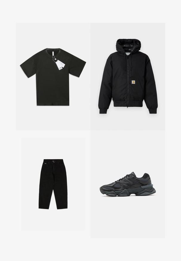 Černá bunda Carhartt s kapucí, předním zipem, klokaní kapsou, ribovanými manžetami a logem na kapse.; Černé pánské tričko s krátkým rukávem z bavlny s kulatým výstřihem a připevněnými bílými štítky s informacemi visícími z límce na jednoduchém bílém pozadí.; Černé denimové džíny s vysokým pasem, rovnými nohavicemi a decentním logem na přední kapse. Obsahují klasický pětikusový design.; Černá běžecká bota s kombinací síťoviny a syntetických materiálů, masivní podešev, zakřivený design a výrazné logo na boku.