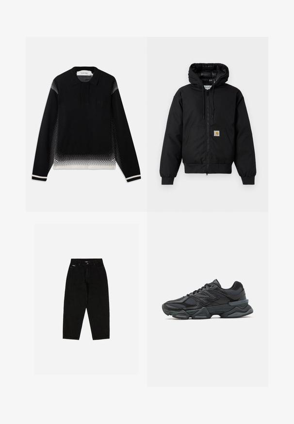 Mustaherra Carhartt-huppari, jossa on etuvetoketju, kengurupocket, ribbed-hihansuut ja logopatch taskussa.; Mustapaita pitkähihaisella polo-neuleella, jossa on valkoiset pisteet, jotka korostavat sivuja, alahelmaa ja hihansuita, sekä pieni rintalogo.; Mustat farkut, joissa on korkea vyötärö, suora lahje ja huomaamaton logo etutaskussa. Sisältää klassisen viisi-taskumallin.; Musta juoksukenkä, jossa on yhdistelmä verkko- ja synteettisiä materiaaleja, paksu pohja, kaareva muotoilu ja näkyvä brändäys sivussa.