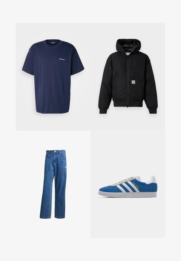 Must värvi Carhartt kapuutsiga jakk, millel on ees viis zipperit, känguru tasku, soonikkoes varrukad ja logo patch taskul.; Carhartt WIP SCRIPT EMBROIDERY - Lihtne T-särk - air force blue/white; Sinine kõrge vöökohaga avar jakkidega teksapükse, millel on ees taskud, vöökoharingid, nupuga sulgemine ja väike Adidas'i logo paremal reiel.; adidas Originals ADIDAS GAZELLE SHOES - Saalijalgpalli saapad - real madrid/bluebird/footwear white/crew yellow