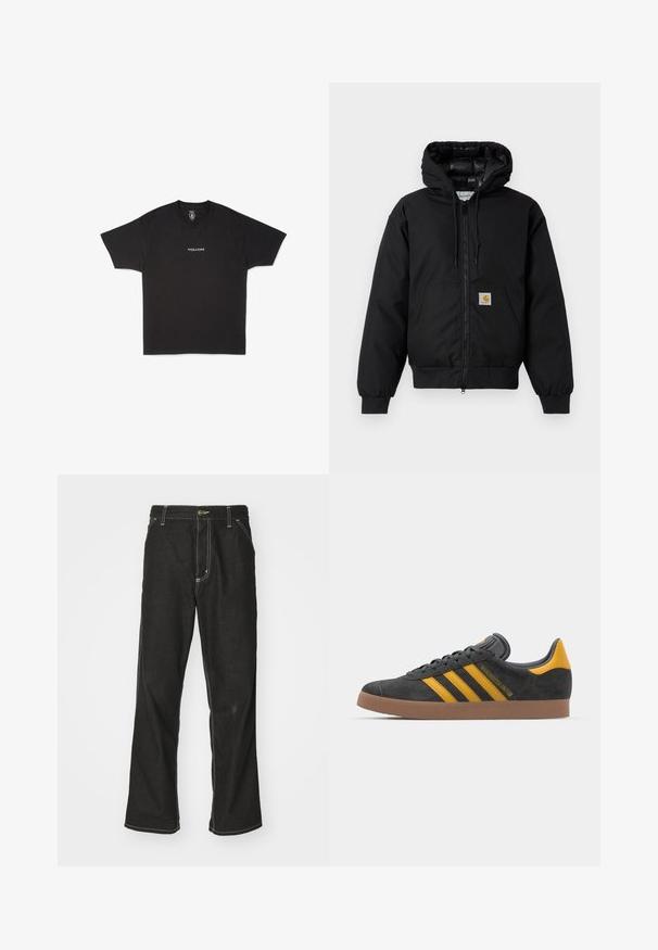 Black Carhartt hooded jacket with front zipper, kangaroo pocket, ribbed cuffs, and logo patch on pocket.; Black cotton t-shirt featuring a round neck and short sleeves, with a small white "VOLCOM" logo printed on the front center.; Black denim jeans with a loose fit, featuring contrasting white stitching, a button closure, and a straight leg design.; Black suede sneaker with yellow accents, featuring three stripes and a brown rubber sole. Includes a padded tongue for comfort.