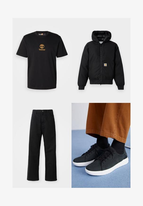 Juodas Carhartt džemperis su gobtuvu, priekiniais užtrauktukais, kengūros kišene, raibstais rankogalviais ir logotipo pleistru kišenėje.; Juodas medvilnės marškinėliai su auksiniu medžio logotipu ir tekstu "Timberland". Apvalus kaklas ir trumpomis rankovėmis, su lygiu paviršiumi.; Juodo džinsinio audinio keliaraiščiai su tiesia iškarpa, turintys priekinės kišenes, užtrauktuką ir vieną viršutinį mygtuką. Audinys tekstūruotas, su matinio paviršiaus apdaila.; Juodi zomšiniai sneakeriai su baltais guminiais padais, su raištelių uždėjimo dizainu, tekstūruotais akcentais ir subtiliu prekių ženklu, derinami su rudomis kelnėmis.
