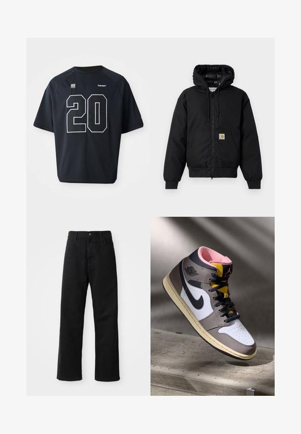 Veste à capuche Carhartt noire avec fermeture éclair à l'avant, poche kangourou, poignets côtelés et patch logo sur la poche.; Maillot de sport en mesh noir avec un grand numéro "20" blanc sur le devant. Manches courtes et encolure ronde, avec des détails de logo.; Pantalons en denim noir à coupe droite, avec poches avant, fermeture éclair et un seul bouton supérieur. Tissu texturé avec une finition mate.; Sneaker Nike Air Jordan montante en blanc, gris et noir avec un intérieur rose et une languette jaune, posé sur une surface en béton.