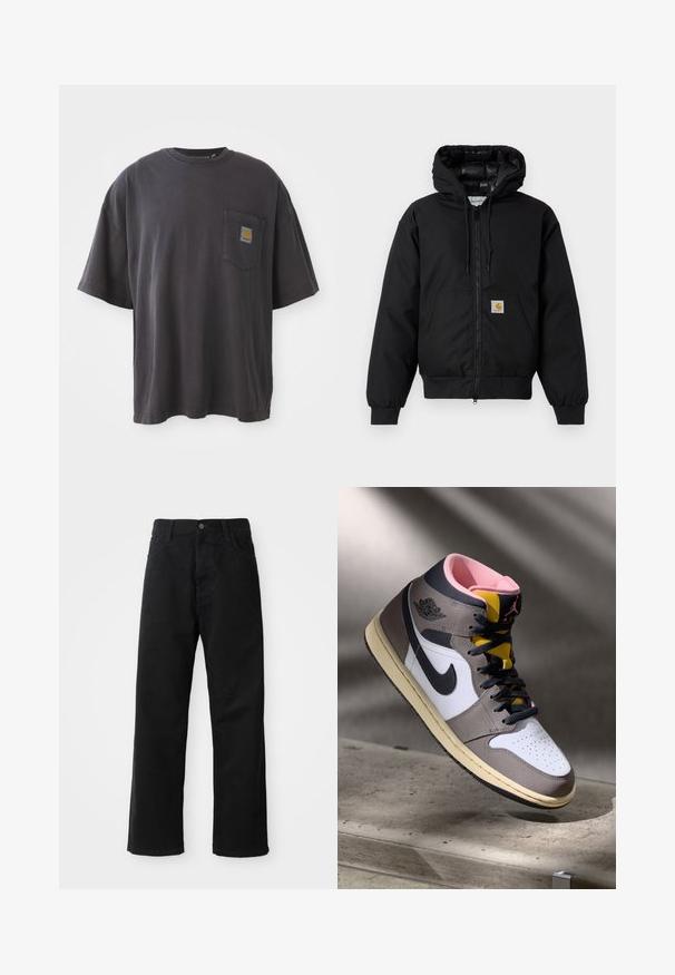 Melnā Carhartt kapuce jaka ar priekšējo rāvējslēdzēju, kangorūkas kabatu, ribotām piedurknēm un logotipa plāksteri uz kabatas.; Melna kokvilnas t-krekls ar īsām piedurknēm, apaļu kakla izgriezumu un kreisajā krūšu daļā esošu kabatu ar kvadrātveida logo uzlīmi. Vienkāršs un bez rotājumiem dizains.; Melnas džinsu bikses ar taisnu griezumu, ar priekšējiem kabatām, rāvējslēdzēju un vienu augšējo pogu. Tekstūrēta auduma matēta virsma.; Augstās Nike Air Jordan kedas baltā, pelēkā un melnā krāsā ar rozā iekšpusi un dzelteno mēli, novietotas uz betona virsmas.