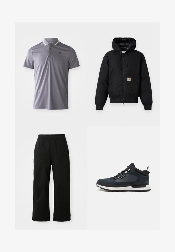 Črna Carhartt kapuca s sprednjim zadrgo, kenguru žepom, rebrastimi manšetami in logotipom na žepu.; Siva polo majica s kratkimi rokavi s subtilnimi navpičnimi črtami, tri gumbi na zapenjanju in logotipom na levem prsnem delu, ovratnik s svetlimi črtami.; Črne bombažne hlače z elastičnim pasom, širokim krojem in velikimi stranskimi žepi. Tkanina se zdi mehka s gladko teksturo.; Mornarsko modra pohodniška obutev s zgornjim delom iz semiša in tekstila, bela srednja podplata, črn podplat in kovinske oči. Ima zadnji zavihek za enostavno obuvanje.