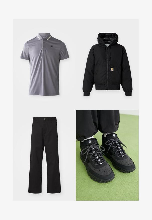 Chaqueta con capucha Carhartt negra, con cremallera frontal, bolsillo tipo canguro, puños de canalé y parche con el logo en el bolsillo.; Polo de manga corta gris con sutiles rayas verticales, tapeta de tres botones y parche de logo en el lado izquierdo del pecho, cuello con acentos de rayas claras.; Pantalones negros de tela duradera con un corte recto, que presentan un cierre frontal con botón, passadores para cinturón y sin patrones o acentos visibles.; Las zapatillas negras presentan una mezcla de materiales de cuero y malla, una suela de goma texturizada, perforaciones prominentes y cordones decorados con patrones y acentos numéricos.