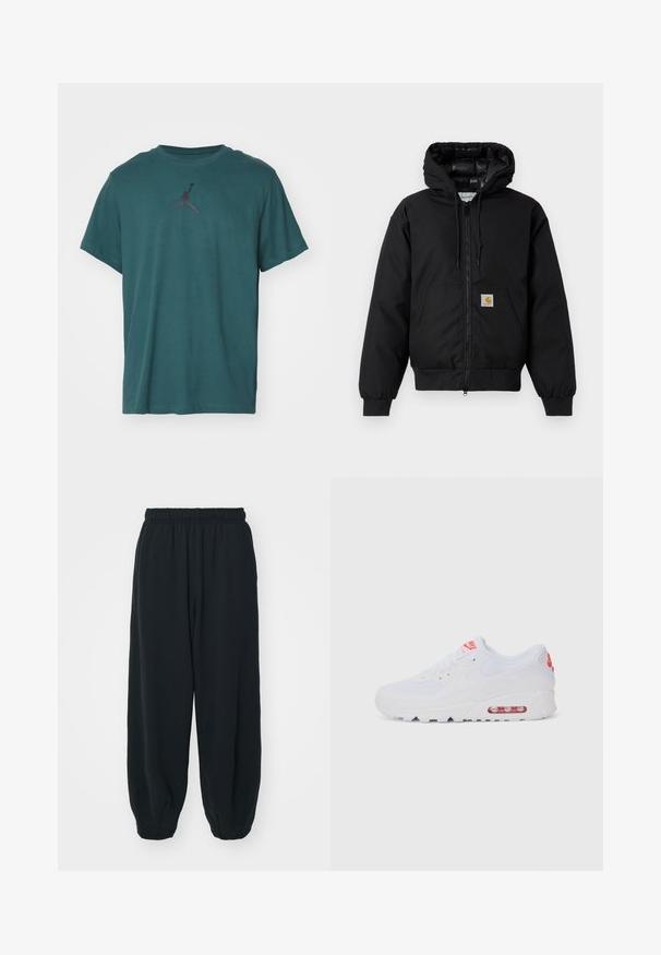 Fekete Carhartt kapucnis dzseki elöl cipzárral, kenguruzsebbel, bordás mandzsettákkal és logóval ellátott zsebbel.; Jordan JUMPMAN SHORT SLEEVE CREW - Sportfelső - oxidized green/black; Fekete, rugalmas derékpántos melegítőnadrág, laza fit, véget érő szárakkal, sima textúrával, látható minták vagy hardver díszek nélkül.; Fehér sportcipő, sima felsőrésszel, fűzős zárással, párnázott talppal és látható légpárnával, piros részletekkel a logón.