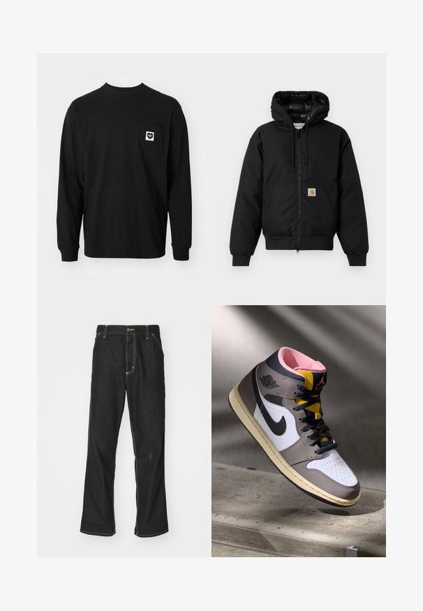 Črna Carhartt kapuca s sprednjim zadrgo, kenguru žepom, rebrastimi manšetami in logotipom na žepu.; Črna majica z dolgimi rokavi iz bombaža, z okroglim izrezom in žepom na prsih, ki ima srčni logotip in besedilo.; Črne jeans hlače ohlapenega kroja, ki imajo kontrastno belo šivanje, zapiranje na gumb in ravno nogavico.; Visoke Nike Air Jordan superge v beli, sivi in črni barvi z rožnato notranjostjo in rumenem jeziku, nameščene na betonski površini.