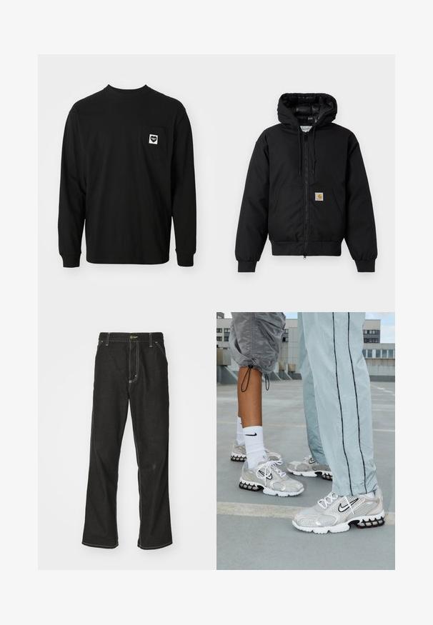 Mustaherra Carhartt-huppari, jossa on etuvetoketju, kengurupocket, ribbed-hihansuut ja logopatch taskussa.; Mustat pitkähihainen t-paita, joka on valmistettu puuvillasta. Paidassa on pyöreä kaula-aukko ja rintatasku, jossa on sydänlogo ja teksti.; Mustat farkut, joissa on löysä istuvuus, erottuva valkoinen ompelu, nappikiinnitys ja suora lahje.; Nike urheilukengät hopeisesta verkkomateriaalista, jossa on valkoiset nauhat, musta swoosh-logo ja musta-punainen ilmatyynypohja.