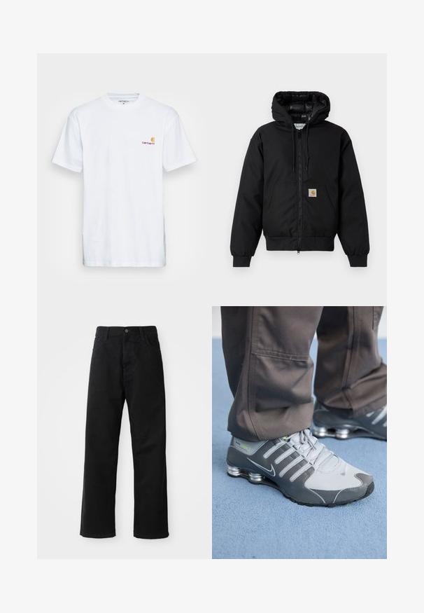 Schwarze Carhartt Kapuzenjacke mit Frontreißverschluss, Kängurutasche, gerippten Bündchen und Logopatch auf der Tasche.; Weißes Baumwoll-T-Shirt mit kurzen Ärmeln. Entworfen mit einem kleinen orangefarbenen und kastanienbraunen Logo auf der linken Brust. Verfügt über einen klassischen Rundhalsausschnitt.; Schwarze Jeans mit geradem Schnitt, ausgestattet mit Fronttaschen, einem Reißverschluss und einem einzelnen oberen Knopf. Texturiert mit matter Oberfläche.; Graue und silberne Nike Shox Sneakers zeichnen sich durch ein schlankes Design aus, mit Netz- und Synthetikmaterialien, einer abgerundeten Zehenpartie und einem gepolsterten Schuhkragen.