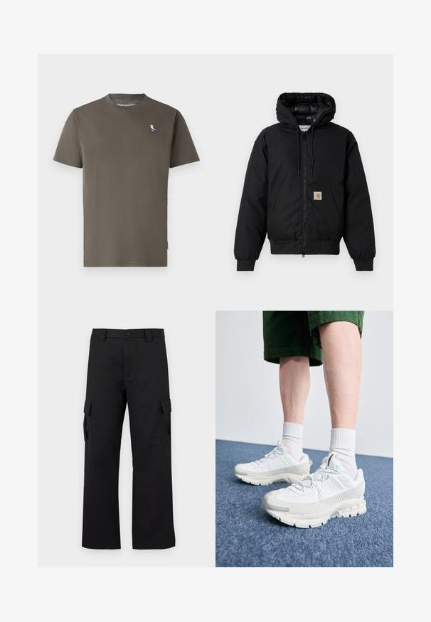 Sort Carhartt hættetrøje med frontlynlås, kengurulomme, ribbede manchetter og logo-patch på lommen.; Olivengrøn bomulds t-shirt med rund hals, korte ærmer og en lille blå og hvid fugl broderet på brystet.; Sorte cargo bukser med lige ben-design. Lavet af slidstærkt stof, med to sidelommer med klaplukninger og lukning med knap.; Hvide atletiske sko med teksturerede overlays, en chunky sål og grå accenter. Båret med hvide ankelstrømper og grønne shorts på en blå overflade.