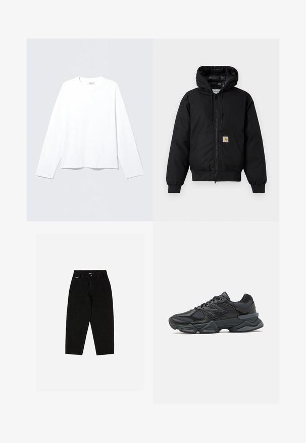 Zwarte Carhartt hoodie met rits aan de voorkant, kangoeroezak, geribde manchetten en logopatch op de zak.; Witte longsleeve gemaakt van zachte stof, met een ronde halslijn en een losse pasvorm. Gladde textuur zonder patronen of accenten.; Zwarte denim jeans met een hoge taille, rechte pijpen en een subtiele logo op de voorkzak. Beschikt over een klassiek vijfzakkenontwerp.; Zwarte hardloopschoen met een mix van mesh en synthetische materialen, een stevige zool, gebogen ontwerp en prominente branding op de zijkant.