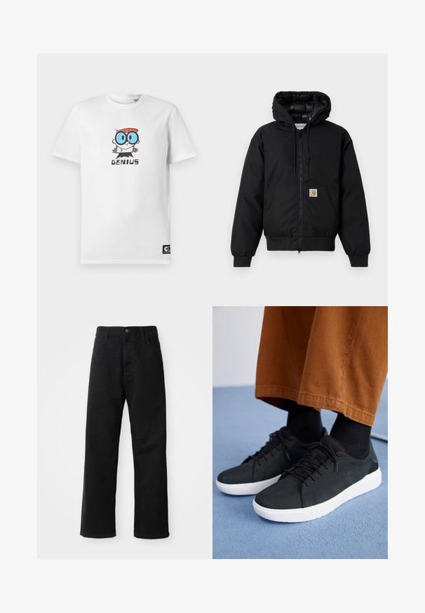 Zwarte Carhartt hoodie met rits aan de voorkant, kangoeroezak, geribde manchetten en logopatch op de zak.; Witte T-shirt met een cartoonfiguur die blauwe brillen en rood haar draagt, boven het woord "GENIUS" op de borst, Cartoon Network-label aan de onderkant.; Zwarte denim broek met een rechte pasvorm, voorzien van voorzakken, een rits en een enkele bovenste knoop. Gestructureerde stof met een matte afwerking.; Zwarte suède sneakers met witte rubberen zolen, voorzien van een vetersluiting ontwerp, textuuraccenten en subtiele branding, gedragen met bruine broeken.