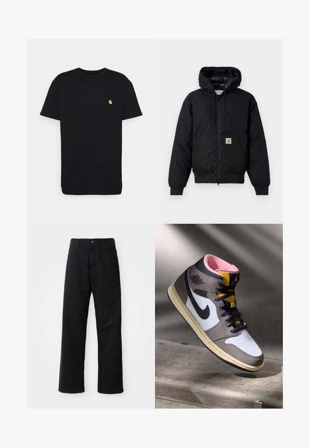 Must värvi Carhartt kapuutsiga jakk, millel on ees viis zipperit, känguru tasku, soonikkoes varrukad ja logo patch taskul.; Must must tee, lühikeste varrukatega, ümar kaelus ja vasakul rinnal väike kollane logo. Lihtne disain ja regulaarne istuvus.; Mustadest denimist püksid sirge lõikega, mis sisaldavad ees taskuid, lukufliisi ja ühte ülemist nööpi. Tekstureeritud kangas mati viimistlusega.; Valged, hallid ja mustad kõrged Nike Air Jordani sneakers, roosa sisetallaga ja kollase keelega, asetatud betoonpinnale.