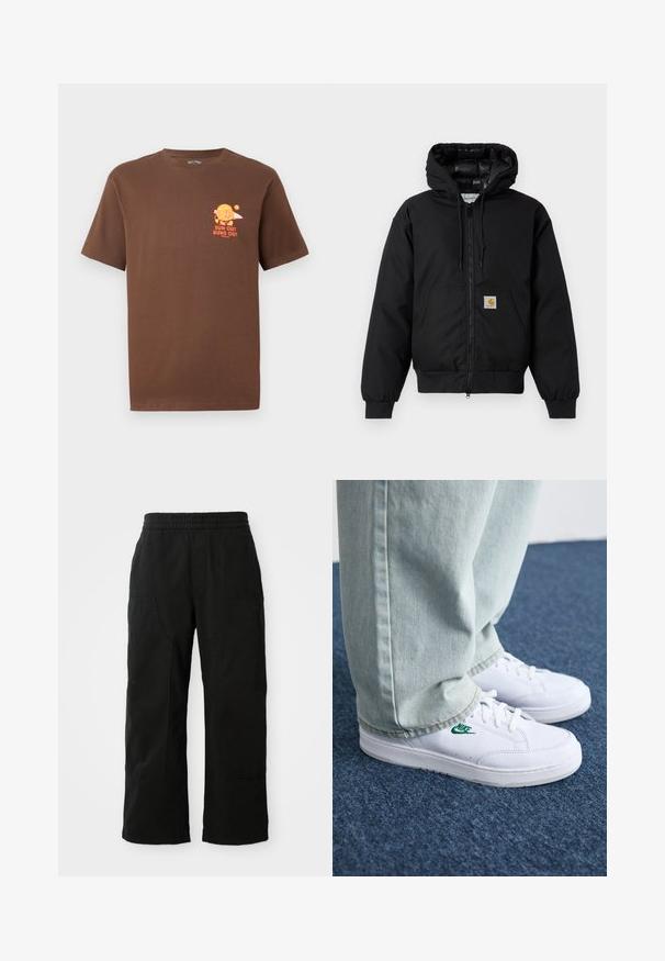 Jachetă cu glugă Carhartt de culoare neagră, cu fermoar frontal, buzunar tip kangaroo, manșete ribbate și patch cu logo pe buzunar.; Tricou scurt de culoare maro cu mânecă scurtă, având un grafic mic portocaliu cu un burger care ține o placă de surf și textul "SOARE ÎN AFARĂ, BURGERII ÎN AFARĂ" pe partea stângă a pieptului.; Pantaloni negri din bumbac cu talie elastică, design cu picioare largi și buzunare laterale mari. Materialul pare moale, cu o textură fină.; Adidași din piele albă cu logo-ul Nike verde, vârf rotund, talpă plată, asortați cu pantaloni din denim bleu deschis, prezentați pe un covor albastru.