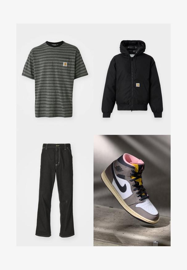Zwarte Carhartt hoodie met rits aan de voorkant, kangoeroezak, geribde manchetten en logopatch op de zak.; Gestreepte t-shirt met korte mouwen in grijs en zwart, met een ronde hals en een klein logo op de borst. Zacht, gestructureerd stof.; Zwarte denim jeans met een losse pasvorm, voorzien van contrasterende witte stiksels, een knoopsluiting en een recht ontwerp.; Hoog-top Nike Air Jordan sneaker in wit, grijs en zwart met een roze interieur en gele tong, geplaatst op een betonnen oppervlak.