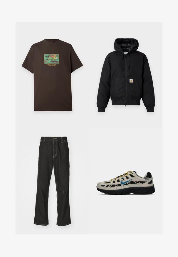 Schwarze Carhartt Kapuzenjacke mit Frontreißverschluss, Kängurutasche, gerippten Bündchen und Logopatch auf der Tasche.; Braunes Baumwoll-T-Shirt mit einem bunten Grafikdesign von Früchten und Blättern. Kurze Ärmel, lockerer Schnitt und Rundhalsausschnitt.; Schwarze Denim-Jeans mit lockerer Passform, kontrastierenden weißen Nähten, einem Knopfverschluss und geradem Bein.; Beige und schwarze Nike P-6000 Sneaker mit blauen Swoosh, gelben Schnürsenkeln, schwarzem Profil und Cordura-Gewebelabel an der Ferse.