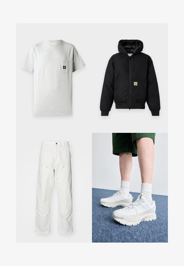 Juodas Carhartt džemperis su gobtuvu, priekiniais užtrauktukais, kengūros kišene, raibstais rankogalviais ir logotipo pleistru kišenėje.; Vyriška šviesiai pilka medvilninė marškinėliai su apvalia apykakle, trumpomis rankovėmis ir kairėje krūtinės pusėje esančia kišenėle, kurioje yra mažas juodas logotipo pleistras.; Balti medvilniniai kargo džinsai su laisvu siluetu. Ypatybės apima priekines kišenes, auksinius apdailos elementus ir sustiprintas kelio dalis.; Baltos sportinės bateliai su tekstūruotais uždengimais, masyviu padu ir pilkais akcentais. Dėvimi su baltais trumpais kojiniais ir žaliais šortais mėlyname paviršiuje.