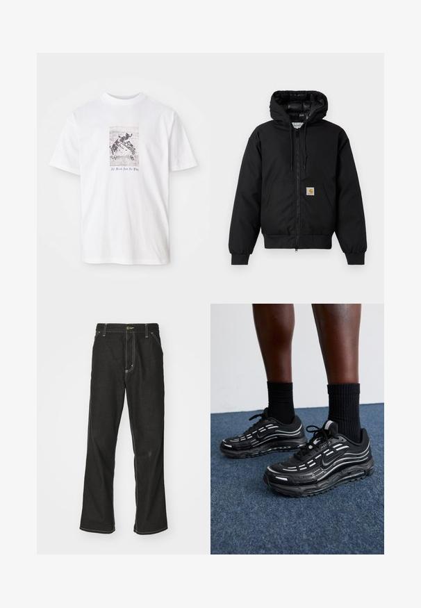 Jachetă cu glugă Carhartt de culoare neagră, cu fermoar frontal, buzunar tip kangaroo, manșete ribbate și patch cu logo pe buzunar.; Tricou alb din bumbac, cu un grafic central care prezintă câini jucându-se, și cu textul "Toată munca și niciun joc" scris cu albastru sub imagine.; Jeans negri din denim, cu o croială largă, cu cusături albe contrastante, închidere cu nasture și un design cu picior drept.; Pantofii negri Nike au un superior din plasă cu dungi accentuate, șireturi texturate și o talpă din cauciuc negru. Purtați cu șosete negre cu model rib.