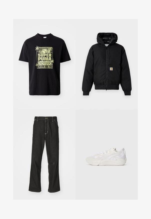 Črna Carhartt kapuca s sprednjim zadrgo, kenguru žepom, rebrastimi manšetami in logotipom na žepu.; Črna bombažna majica spisane rumene grafike, ki vključuje besedilo "SUPER PUMA WORLD TOUR" in risano osebnost, zasnova na sprednji strani.; Črne jeans hlače ohlapenega kroja, ki imajo kontrastno belo šivanje, zapiranje na gumb in ravno nogavico.; Stranski pogled na belo in svetlo sivo teniško obutev z abstraktnim valovitim vzorcem in debelim podplatom na enobarvnem belem ozadju.
