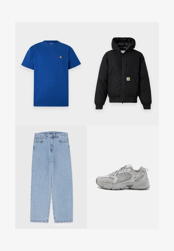 Black Carhartt hooded jacket with front zipper, kangaroo pocket, ribbed cuffs, and logo patch on pocket.; Blue cotton t-shirt with a round neck, short sleeves, and a small gold logo on the chest. Smooth texture and casual fit.; Light blue denim jeans with straight leg design, featuring a mid-rise waist, five pockets, and a button and zipper closure.; Silver athletic shoe with a sleek design, mesh panels, padded tongue, textured synthetic upper, and rubber outsole for traction.