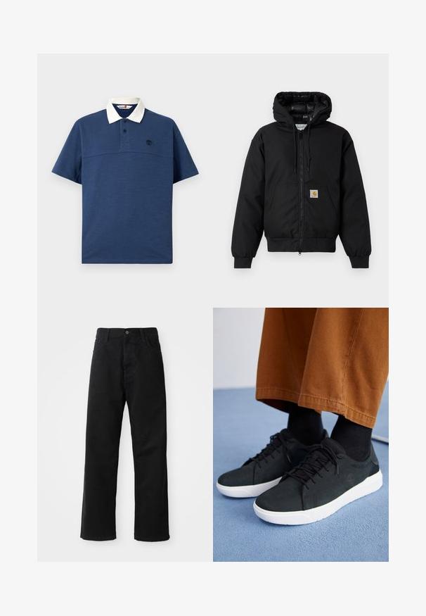 Melnā Carhartt kapuce jaka ar priekšējo rāvējslēdzēju, kangorūkas kabatu, ribotām piedurknēm un logotipa plāksteri uz kabatas.; Tumši zils polo krekls ar baltu apkali, īsām piedurknēm, divu pogu aizdari un mazu melnu logotipu uz krūšu. Mīksta auduma tekstūra.; Melnas džinsu bikses ar taisnu griezumu, ar priekšējiem kabatām, rāvējslēdzēju un vienu augšējo pogu. Tekstūrēta auduma matēta virsma.; Melnas zamšādas kedas ar baltām gumijas zolēm, ar saistāmām auklām, tekstūrētām detaļām un diskrētu zīmolu, apvienotas ar brūniem biksēm.