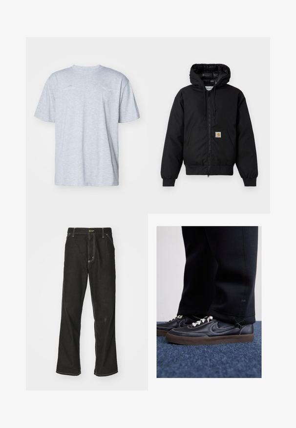 Juodas Carhartt džemperis su gobtuvu, priekiniais užtrauktukais, kengūros kišene, raibstais rankogalviais ir logotipo pleistru kišenėje.; Legacies BENFICA LISSABON GLORIOSO - Marškinėliai su spaudiniu - grey marl; Juodi džinsai su laisvu siluetu, turintys kontrastingas balto siūlo siūles, mygtuko uždarymą ir tiesų kojos dizainą.; Nike Sportswear KILLSHOT 2 LTR PRM OPP2 - Sportbačiai - black sail baroque brown mtlc dk grey