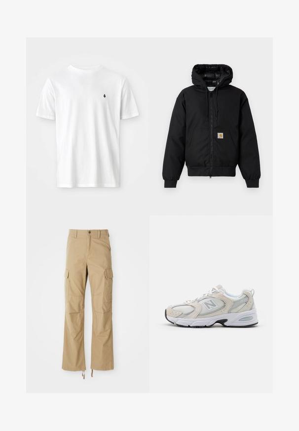 Veste à capuche Carhartt noire avec fermeture éclair à l'avant, poche kangourou, poignets côtelés et patch logo sur la poche.; T-shirt en coton blanc avec un col rond classique, des manches courtes et un petit logo noir sur la poitrine gauche. Texture lisse, coupe décontractée.; Pantalons cargo kaki en tissu durable, dotés de plusieurs poches latérales, d'une coupe droite et de cordons de serrage réglables à l'ourlet.; Chaussure de sport avec un dessus en mesh gris clair et des accents en daim, des lacets blancs et une semelle en caoutchouc noire. Détail d'amorti ABZORB remarquable.