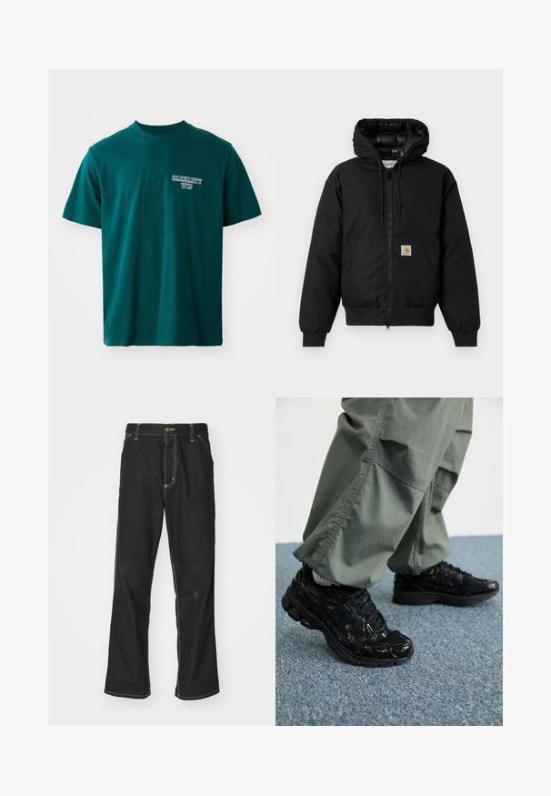 Casaco com capuz Carhartt preto, com fecho na frente, bolso tipo canguru, punhos canelados e patch do logo no bolso.; T-shirt de algodão azul-petróleo com mangas curtas e gola redonda. Inclui o logo branco "Carhartt WIP" no lado esquerdo do peito. Design simples, corte reto.; Calças de ganga pretas de corte largo, com costuras brancas em contraste, fecho de botão e design de perna reta.; Sapatilhas desportivas pretas com texturas brilhantes e de malha, apresentando uma sola grossa e atacadores, combinadas com calças cargo largas de cor verde-oliva.