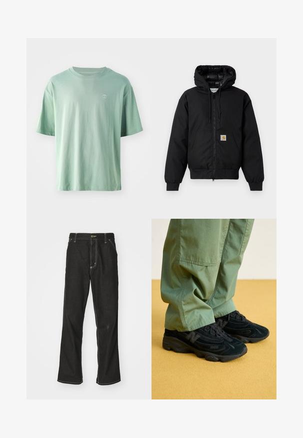 Mustaherra Carhartt-huppari, jossa on etuvetoketju, kengurupocket, ribbed-hihansuut ja logopatch taskussa.; Vaaleanvihreä lyhythihainen t-paita, joka on valmistettu puuvillasta. Siinä on pyöreä pääntie ja pieni logo rinnassa. Pehmeä rakenne ja rento istuvuus.; Mustat farkut, joissa on löysä istuvuus, erottuva valkoinen ompelu, nappikiinnitys ja suora lahje.; Mustat New Balance -lenkkarit, joissa on teksturoitu päällinen, silmiinpistävä logo ja pehmustettu pohja, yhdistettynä löysiin vihreisiin housuihin.