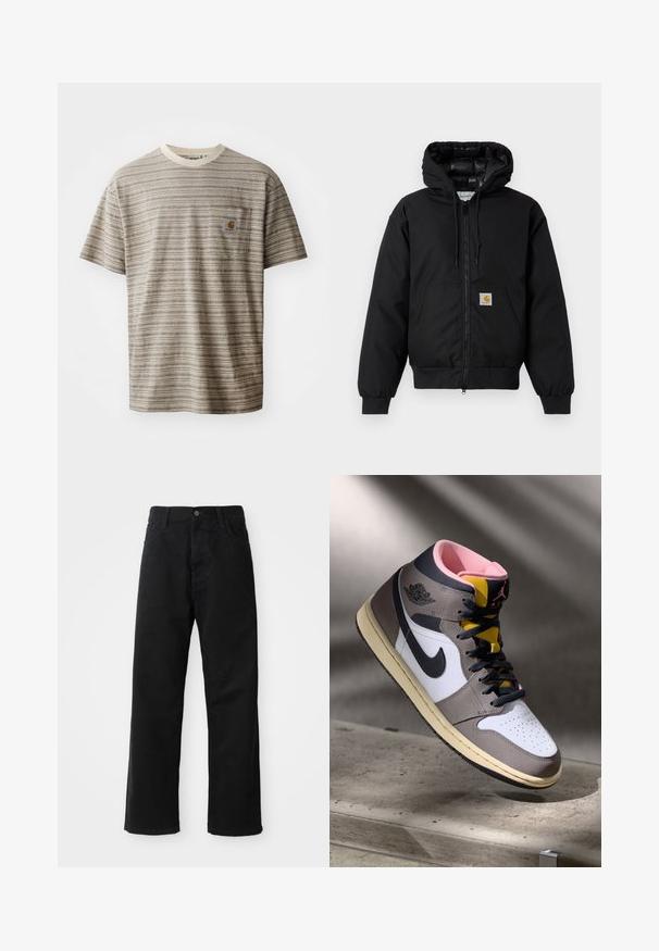 Giacca a zip nera Carhartt con cappuccio, tasca a marsupio, polsini a coste e patch con logo sulla tasca.; T-shirt a maniche corte a righe in beige e marrone, con scollo rotondo e una tasca sul petto con un'etichetta logo. Tessuto texture.; Pantaloni in denim nero con taglio dritto, caratterizzati da tasche frontali, chiusura con zip e un singolo bottone superiore. Tessuto testurizzato con finitura opaca.; Sneaker Nike Air Jordan alta in bianco, grigio e nero con interno rosa e linguetta gialla, posizionata su una superficie di cemento.