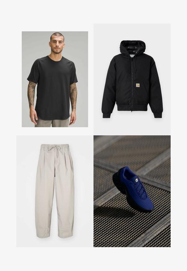 Must värvi Carhartt kapuutsiga jakk, millel on ees viis zipperit, känguru tasku, soonikkoes varrukad ja logo patch taskul.; Must have lühikeste varrukatega must sportlik T-särk, ümmarguse kaelusega, tekstuurse kangaga ja raglaanvarrukatega, kantud tätoveeringutega mudeli poolt.; Beeži, kerged püksid elastse vöökoha ja nööriga. Omavad voldikuid ja laia istuvust, valmistatud pehmest, siledast kangast.; Sinine sportlik king, millel on tekstuuriga pealisosa, must talla ja paelad. Omab "air" brändingut keeles ning nähtavaid õhu-väljakutse elemente.