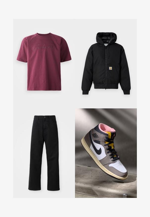 Jachetă cu glugă Carhartt de culoare neagră, cu fermoar frontal, buzunar tip kangaroo, manșete ribbate și patch cu logo pe buzunar.; Tricou din bumbac bordo cu mâneci raglan scurte și un logo texturat "Carhartt" brodat într-o nuanță contrastantă pe față.; Pantaloni din denim negri cu croi drept, având buzunare frontale, fermoar și un singur buton la partea superioară. Țesătură texturată cu un finisaj mat.; Sneaker Nike Air Jordan de tip high-top, alb, gri și negru, cu interior roz și limbă galbenă, amplasat pe o suprafață din beton.