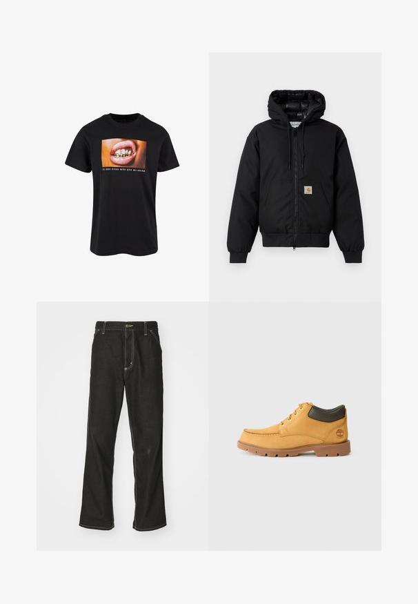 Juodas Carhartt džemperis su gobtuvu, priekiniais užtrauktukais, kengūros kišene, raibstais rankogalviais ir logotipo pleistru kišenėje.; Juoda medvilnės marškinėliai su atviro burnos piešiniu, turinčiu auksinius dantis ir rožines lūpas, su baltu tekstu apačioje ant spalvingo fono.; Juodi džinsai su laisvu siluetu, turintys kontrastingas balto siūlo siūles, mygtuko uždarymą ir tiesų kojos dizainą.; Geltoni odiniai batai su rudos gumos padu, apvaliu priekiu ir žalia odinėmis kulkšnies detalėmis. Yra auksinės akys ir siuvinėjimo akcentai.