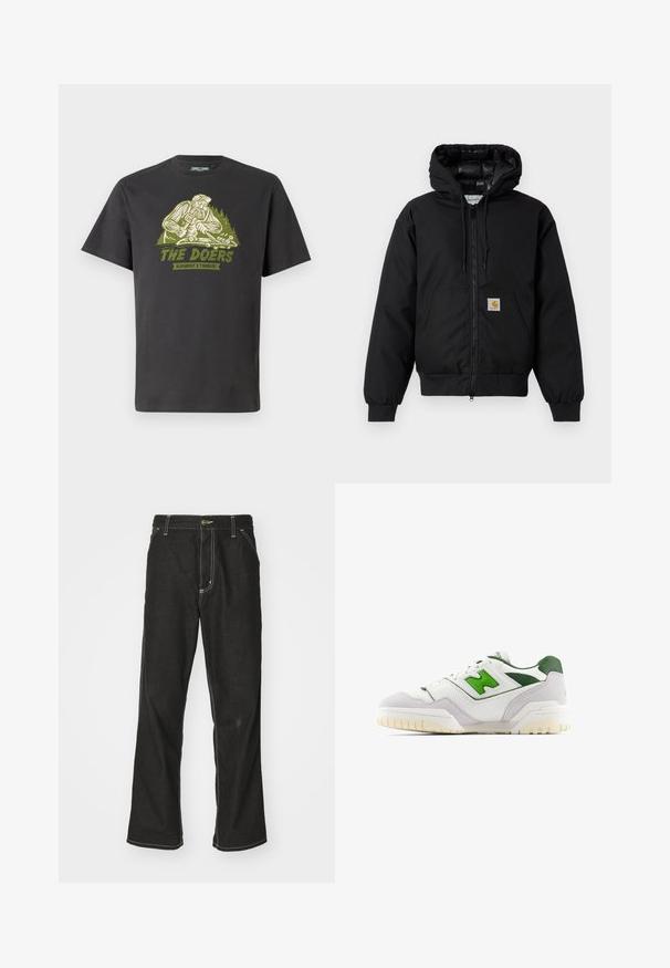 Black Carhartt hooded jacket with front zipper, kangaroo pocket, ribbed cuffs, and logo patch on pocket.; Black short-sleeve t-shirt featuring a green graphic of a figure working, with "THE DOERS" text and "ELEMENT X TIMBER!" label. Soft cotton fabric.; Black denim jeans with a loose fit, featuring contrasting white stitching, a button closure, and a straight leg design.; White sneaker with green accents, made of leather and suede. Features a textured upper, padded collar, and a rubber sole with visible tread.