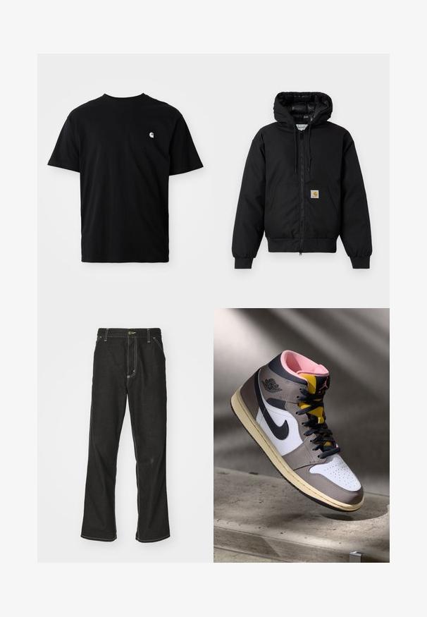 Black Carhartt hooded jacket with front zipper, kangaroo pocket, ribbed cuffs, and logo patch on pocket.; Black cotton t-shirt with a round neck, short sleeves, and a small white logo on the left chest area. Side seams visible. Soft texture.; Black denim jeans with a loose fit, featuring contrasting white stitching, a button closure, and a straight leg design.; High-top Nike Air Jordan sneaker in white, grey, and black with pink interior and yellow tongue, positioned on a concrete surface.