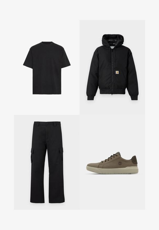 Black Carhartt hooded jacket with front zipper, kangaroo pocket, ribbed cuffs, and logo patch on pocket.; Black cotton t-shirt, short sleeves, crew neck, lightweight, loose fit, smooth texture, no visible patterns or accents.; Black cargo pants with a straight leg design. Made from durable fabric, featuring two side pockets with flap closures and a button fly.; Brown leather sneakers with a low profile, rubber sole, and green accents; features logo on the side and textured panels for grip.