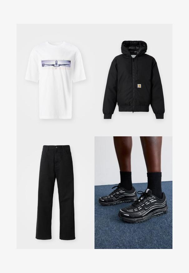 Chaqueta con capucha Carhartt negra, con cremallera frontal, bolsillo tipo canguro, puños de canalé y parche con el logo en el bolsillo.; Camiseta blanca de algodón con un diseño impreso central de un jugador con los brazos extendidos, texto que dice "WINGS", y detalles gráficos sutiles.; Pantalones de mezclilla negros con corte recto, con bolsillos frontales, cremallera y un solo botón en la parte superior. Tejido texturizado con un acabado mate.; Las zapatillas Nike negras presentan una parte superior de malla con franjas de acento, cordones texturizados y una suela de goma negra. Se llevan con calcetines negros de canalé.