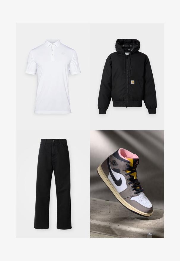 Melnā Carhartt kapuce jaka ar priekšējo rāvējslēdzēju, kangorūkas kabatu, ribotām piedurknēm un logotipa plāksteri uz kabatas.; Balta polo krekls, izgatavots no gludas auduma. Iezīmējās ar klasisku apkakli, trīs pogu sānu aizdari un smalku logotipu kreisajā krūtī. Īsās piedurknes.; Melnas džinsu bikses ar taisnu griezumu, ar priekšējiem kabatām, rāvējslēdzēju un vienu augšējo pogu. Tekstūrēta auduma matēta virsma.; Augstās Nike Air Jordan kedas baltā, pelēkā un melnā krāsā ar rozā iekšpusi un dzelteno mēli, novietotas uz betona virsmas.