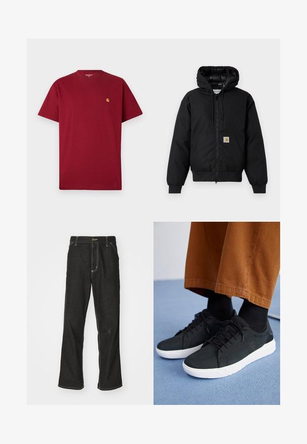 Black Carhartt hooded jacket with front zipper, kangaroo pocket, ribbed cuffs, and logo patch on pocket.; Red cotton t-shirt with a crew neckline, short sleeves, and a small gold logo on the left chest. Soft texture and straight cut design.; Black denim jeans with a loose fit, featuring contrasting white stitching, a button closure, and a straight leg design.; Black suede sneakers with white rubber soles, featuring lace-up design, textured accents, and subtle branding, paired with brown pants.