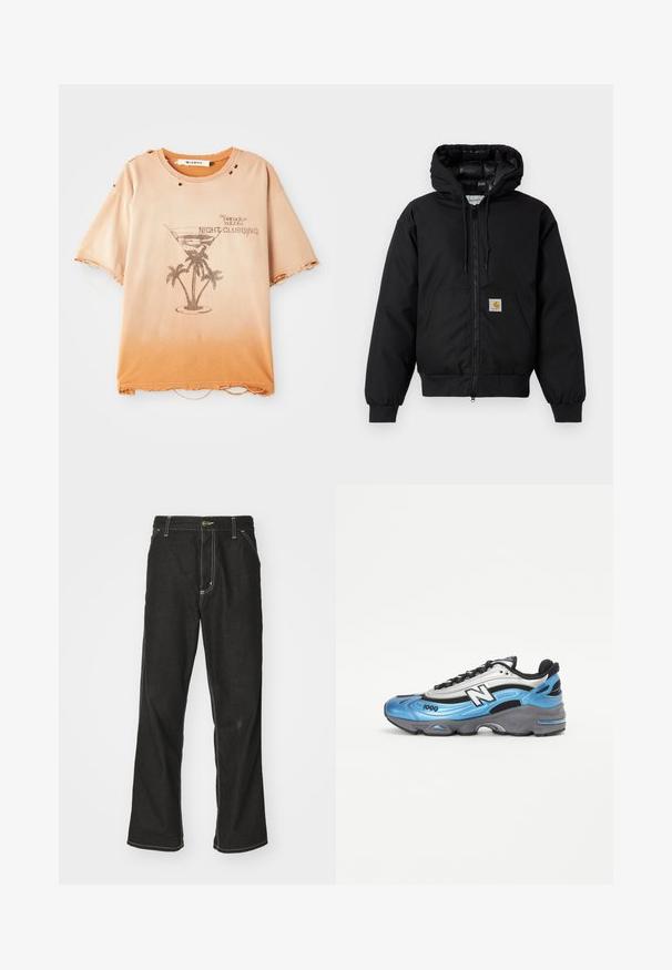 Črna Carhartt kapuca s sprednjim zadrgo, kenguru žepom, rebrastimi manšetami in logotipom na žepu.; Bež do oranžne gradientna raztrgana majica s solzami, ki vsebuje grafiko kozarca za martini in palme ter napis "Nočno zabavljanje".; Črne jeans hlače ohlapenega kroja, ki imajo kontrastno belo šivanje, zapiranje na gumb in ravno nogavico.; Modra in srebrna športna čevlja iz mrežastih in sintetičnih materialov, z debelim sivim podplatom in izrazitimi črnimi detajli. Vidna številka modela 1000.
