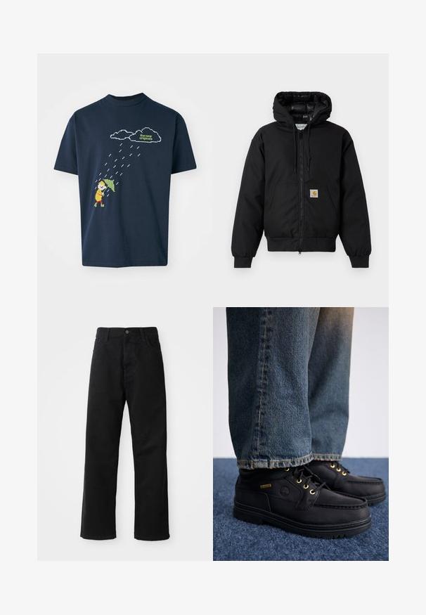 Juodas Carhartt džemperis su gobtuvu, priekiniais užtrauktukais, kengūros kišene, raibstais rankogalviais ir logotipo pleistru kišenėje.; Tamsiai mėlynas medvilnės marškinėliai su pikselizuota figūros su skėčiu, po debesimis ir lietaus lašais, grafika, viršuje šviesiai žalias tekstas.; Juodo džinsinio audinio keliaraiščiai su tiesia iškarpa, turintys priekinės kišenes, užtrauktuką ir vieną viršutinį mygtuką. Audinys tekstūruotas, su matinio paviršiaus apdaila.; Juodi odiniai batai su auksiniais akmenimis ir tekstūruotu paviršiumi, derinami su mėlynomis džinsinėmis kelnėmis. Batai turi sluoksniuotą pada ir prekės ženklo detalę.